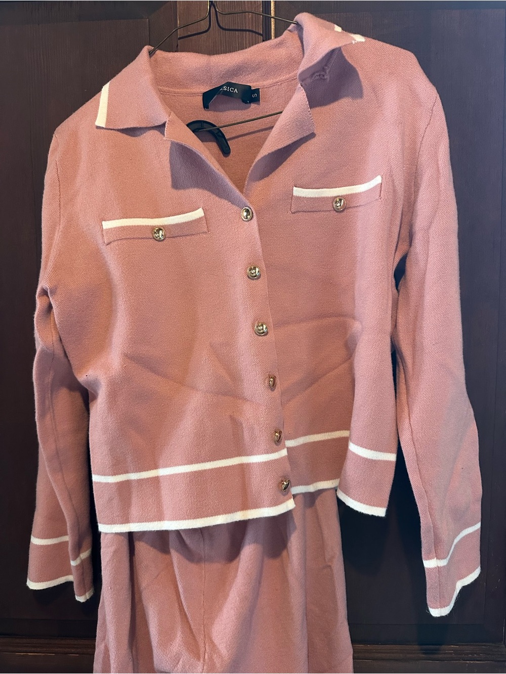 Rose Pink knit sweater set with flared pant-detailed white trim and gold button